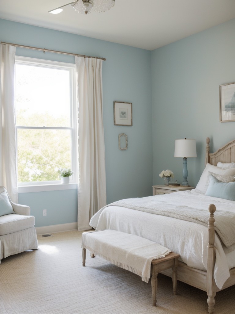 Coastal-inspired bedroom with serene colors & natural wood accents.