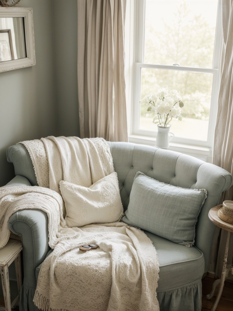 Cozy Shabby Chic Bedroom with Vintage Armchair and Soft Blankets