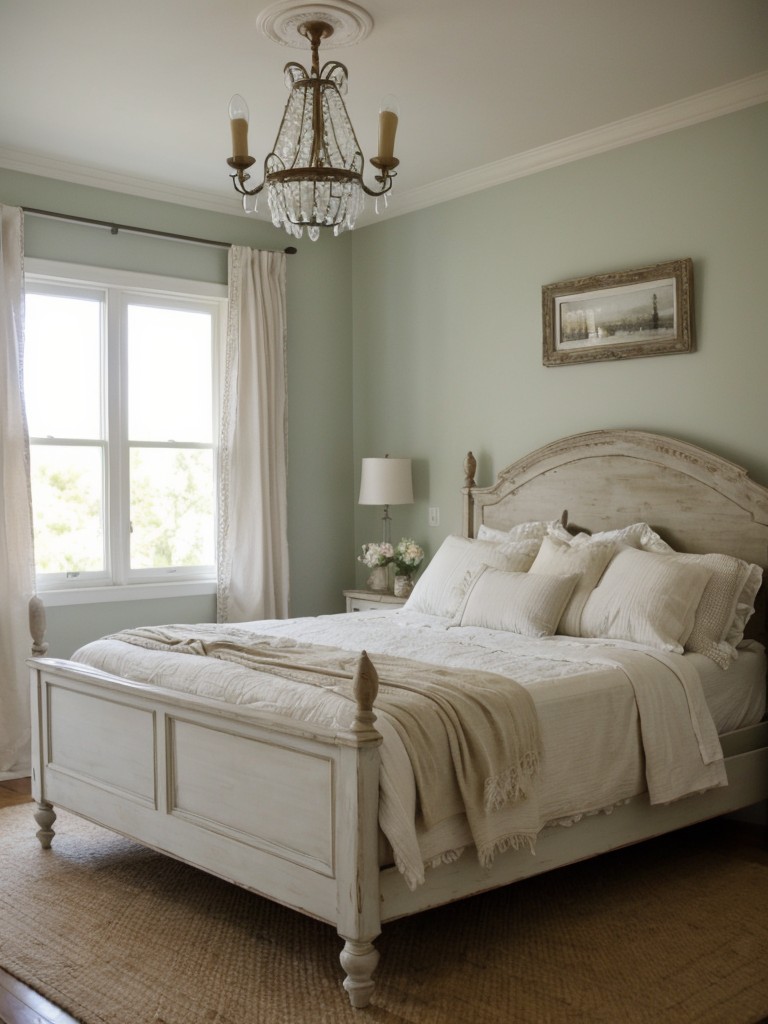 Create a Shabby Chic Oasis: Distressed Bed, Antique Mirrors & Chandelier!