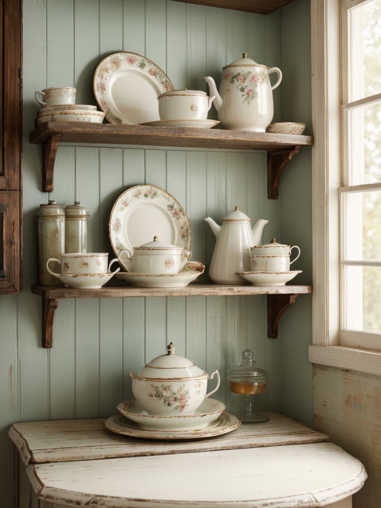 Vintage-inspired apartment decor  antique plates and vintage teacups for a touch of charm!