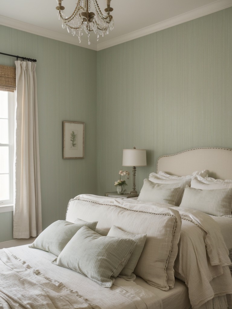 Create a serene space with shabby chic bedroom colors and textured wallpaper.