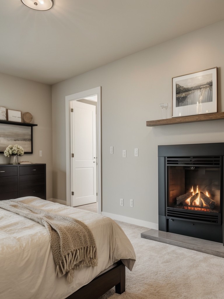 Cozy & Chic: Elevate your bedroom with modern decor and a fireplace for ultimate comfort.