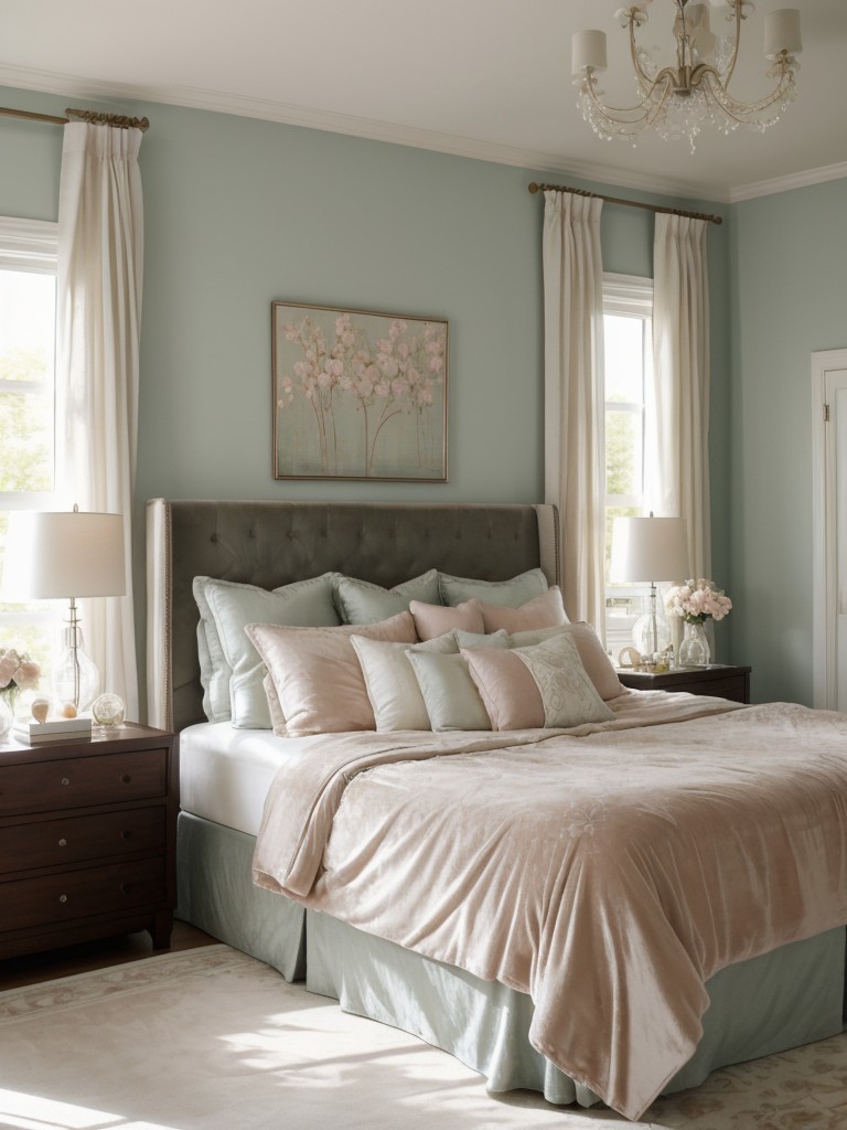 Romantic Bedroom Vibes: Flowing Curtains, Velvet Headboard, Soft Florals