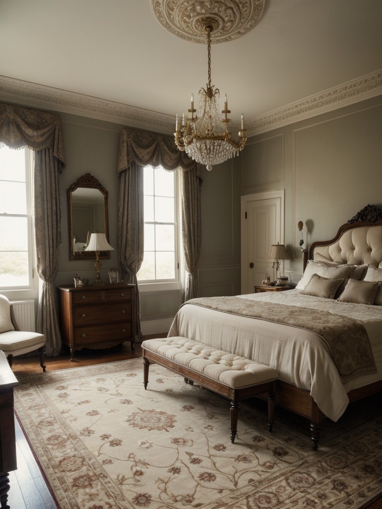 Luxury meets nostalgia: Victorian-inspired apartment bedroom with patterned rugs