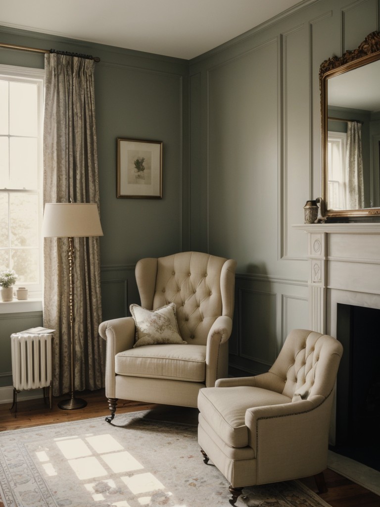 Cozy Victorian-inspired bedroom decor: Tufted armchair, vintage floor lamp, and classic literature!