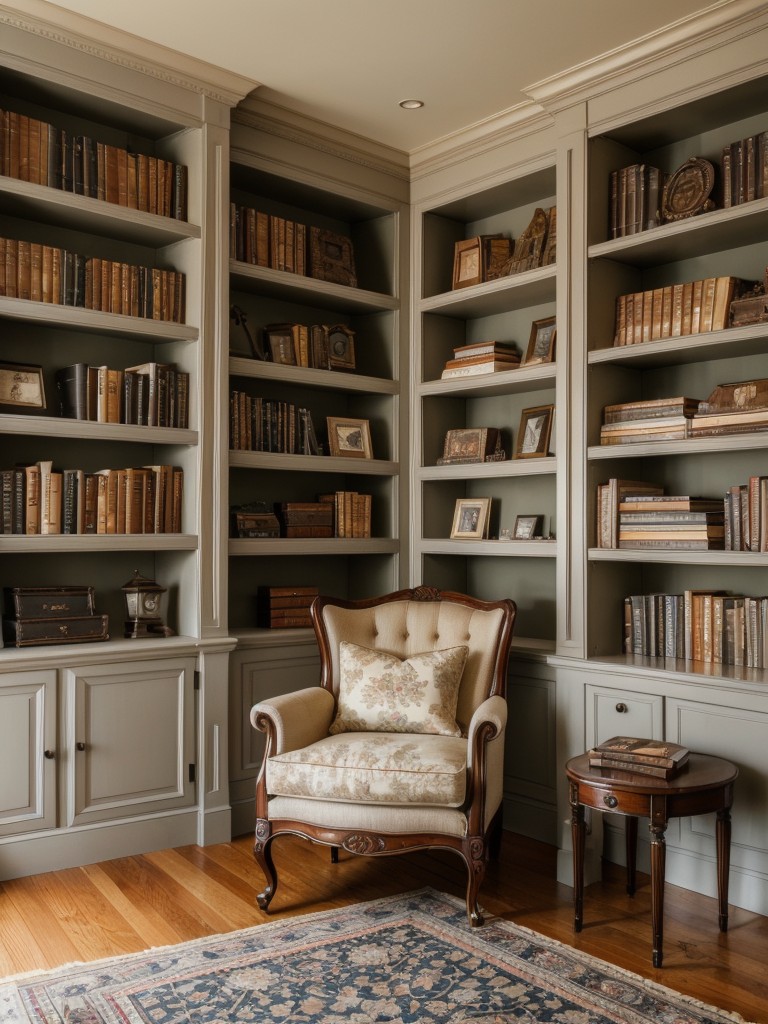 Cozy modern-Victorian bedroom with vintage armchair and book-filled bookshelf.