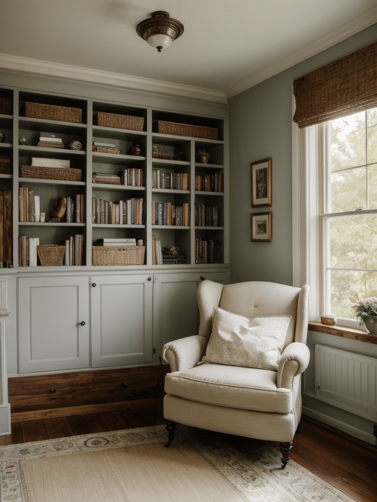 Cozy Victorian-Inspired Bedroom Nook: Armchair, Lamp, Bookshelf