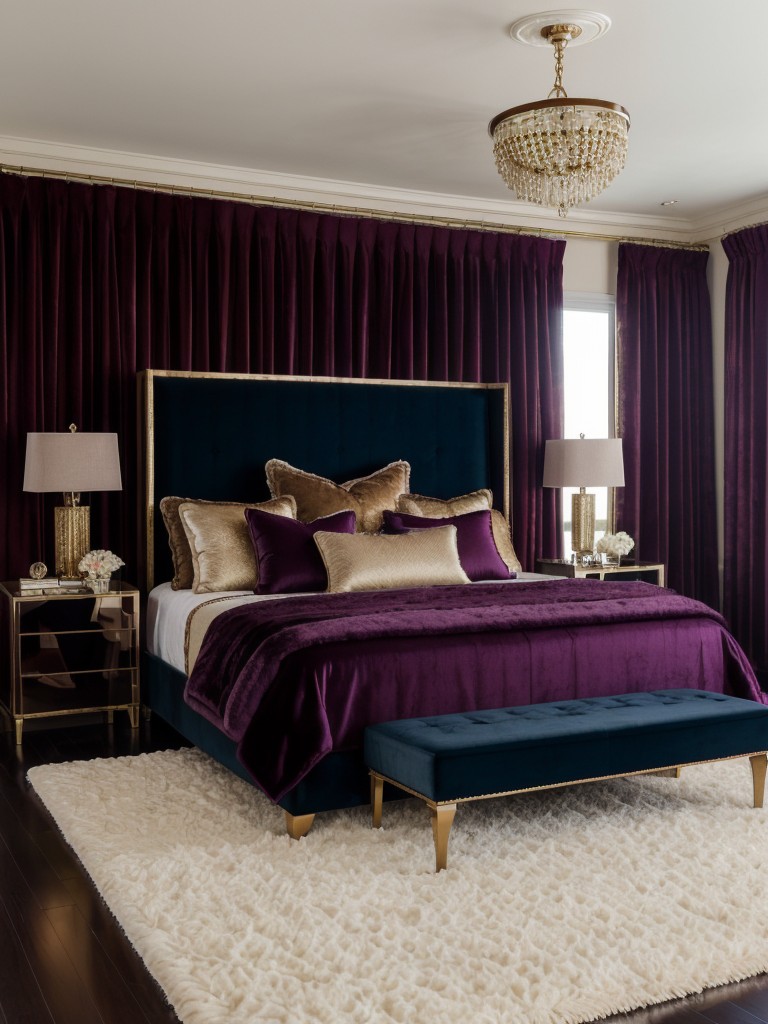 Luxurious Bedroom Decor: Velvet pillows, faux fur rugs, and silk curtains for an opulent vibe!