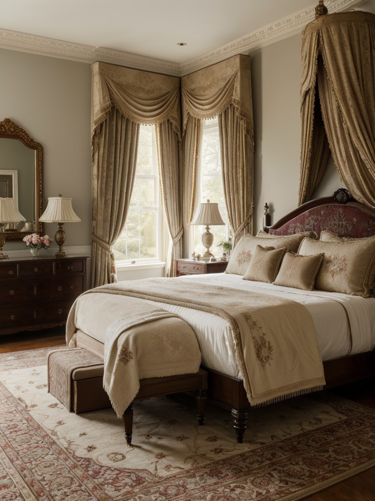 Regal Victorian Bedroom Decor: Plush Rugs, Embroidered Pillows, & More!