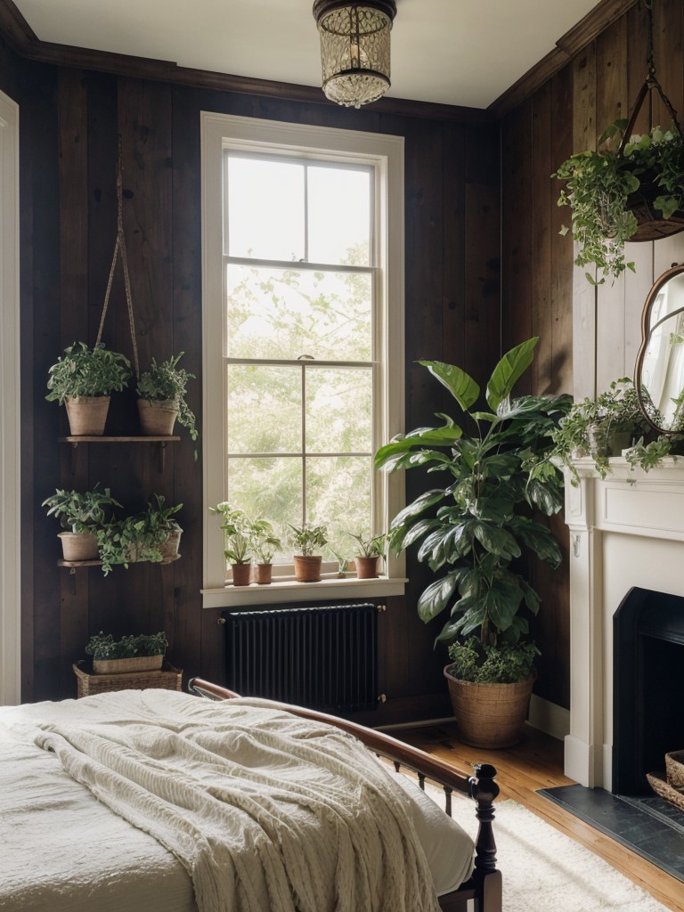 Victorian-inspired bedroom with lush plants and a wood accent wall