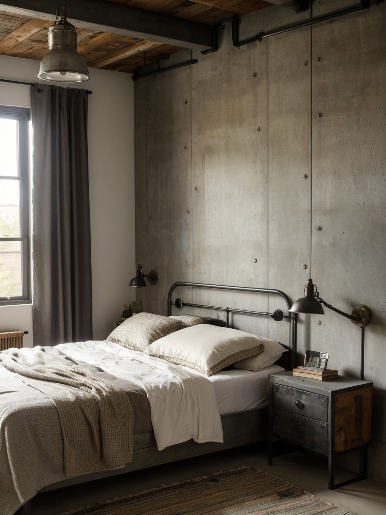 Industrial Eclectic: Elevate your bedroom with unique materials and cozy ambiance.