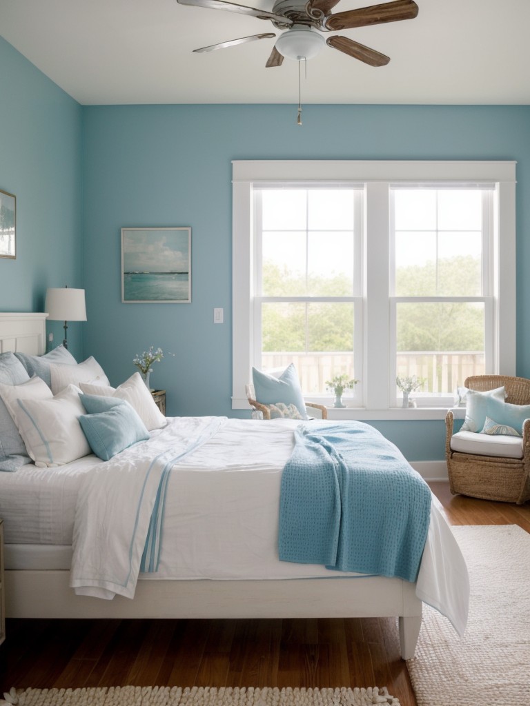 Coastal-inspired Eclectic Bedroom Oasis: Transform your space with calming blues and coastal decor.