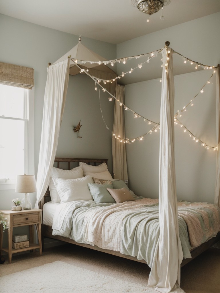 Whimsical Apartment Bedroom Decor Ideas: Canopy bed, Fairy Lights, Wall Decals!