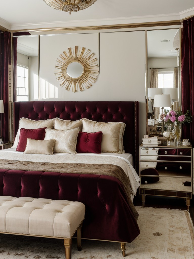 Glamorous Hollywood Regency Apartment Bedroom with Tufted Headboard and Mirrored Furniture