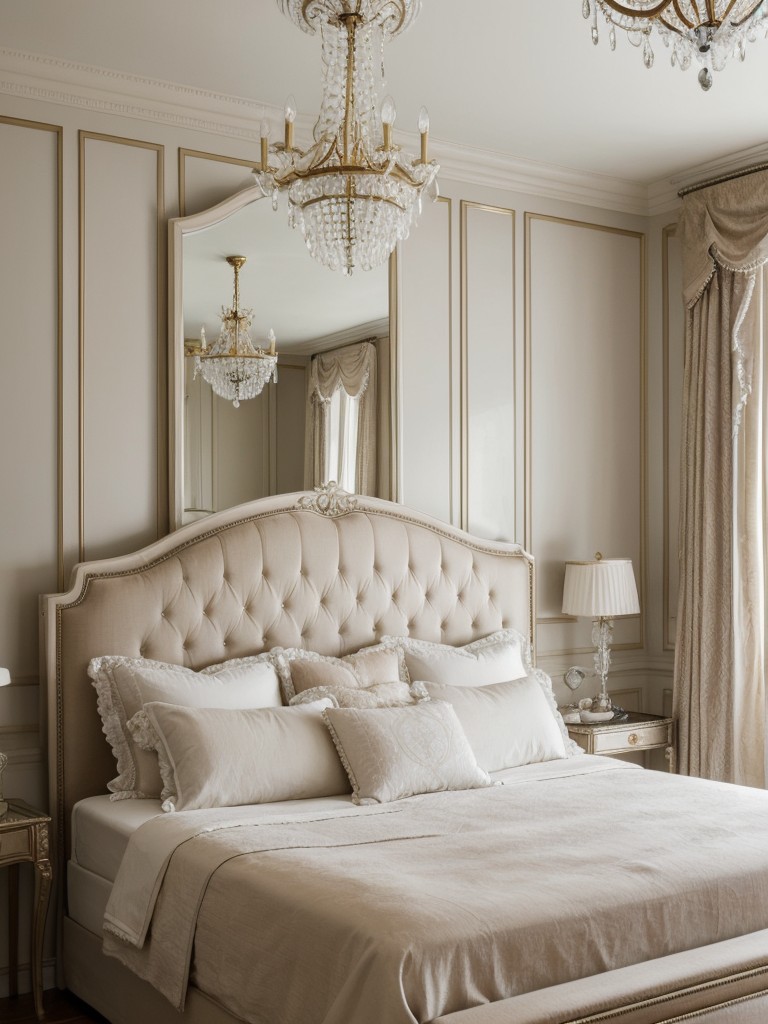 Chic French-inspired bedroom vibes: Tufted bed, ornate mirrors, crystal chandeliers