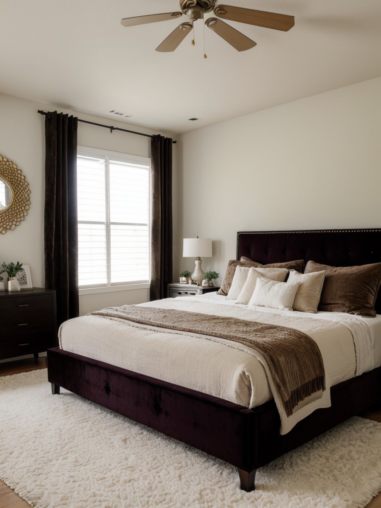 Cozy Oasis: Transform Your Bedroom with Plush Rugs & Velvet Headboard.