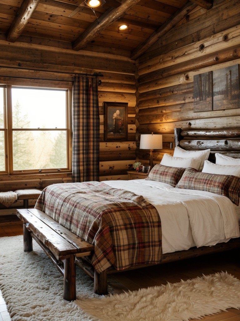 Rustic & Cozy Bedroom Vibes: Log Bed, Plaid Bedding & Faux Fur Rug