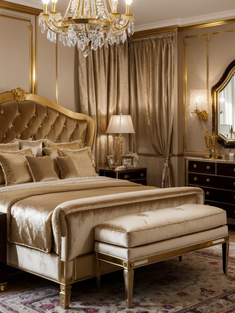 Luxe and Glam Bedroom Inspiration: Velvet Chair, Gold Mirror, Crystal Chandelier