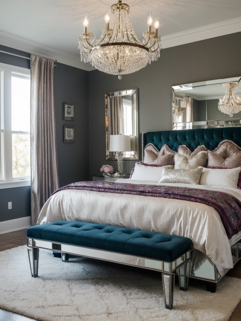 Eclectic Glam: Jewel-Toned Apartment Bedroom with Sparkling Chandelier & Mirrored Furniture