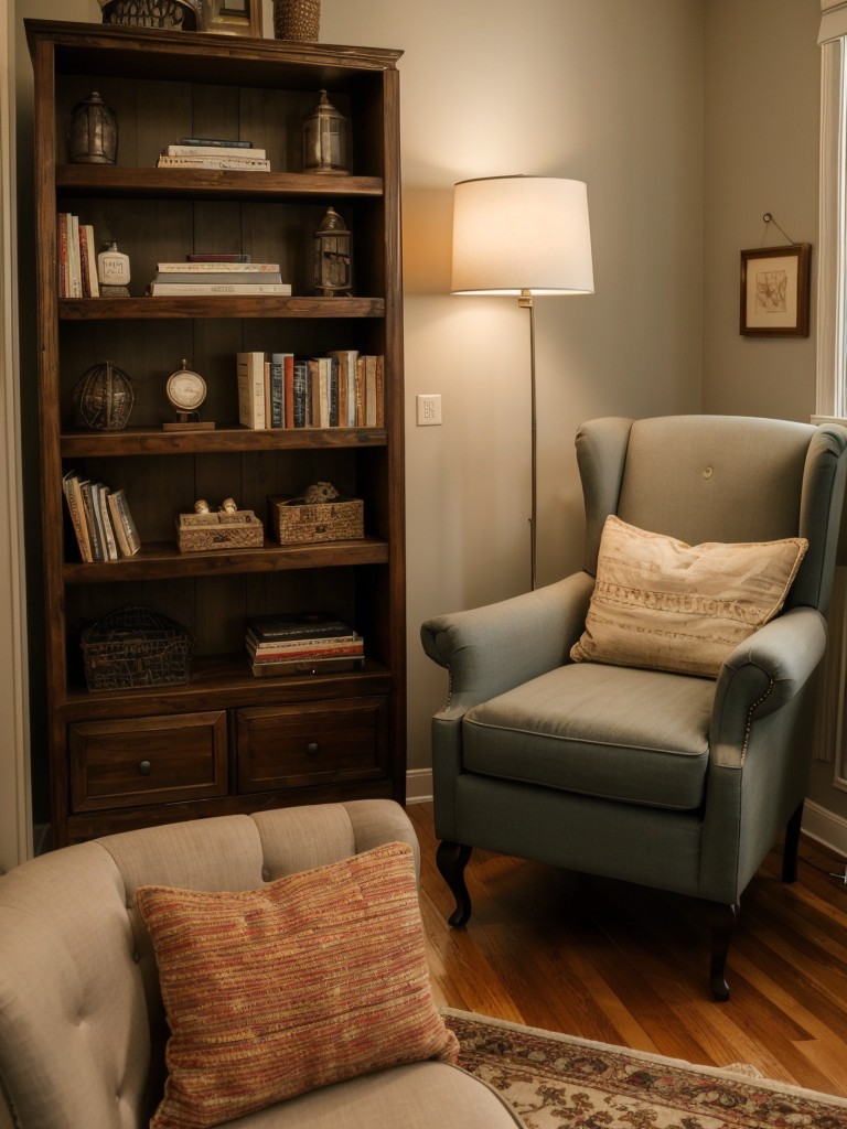 Cozy Reading Nooks: Armchair, Bookshelf, and Dimmable Lighting in Eclectic Bedroom.