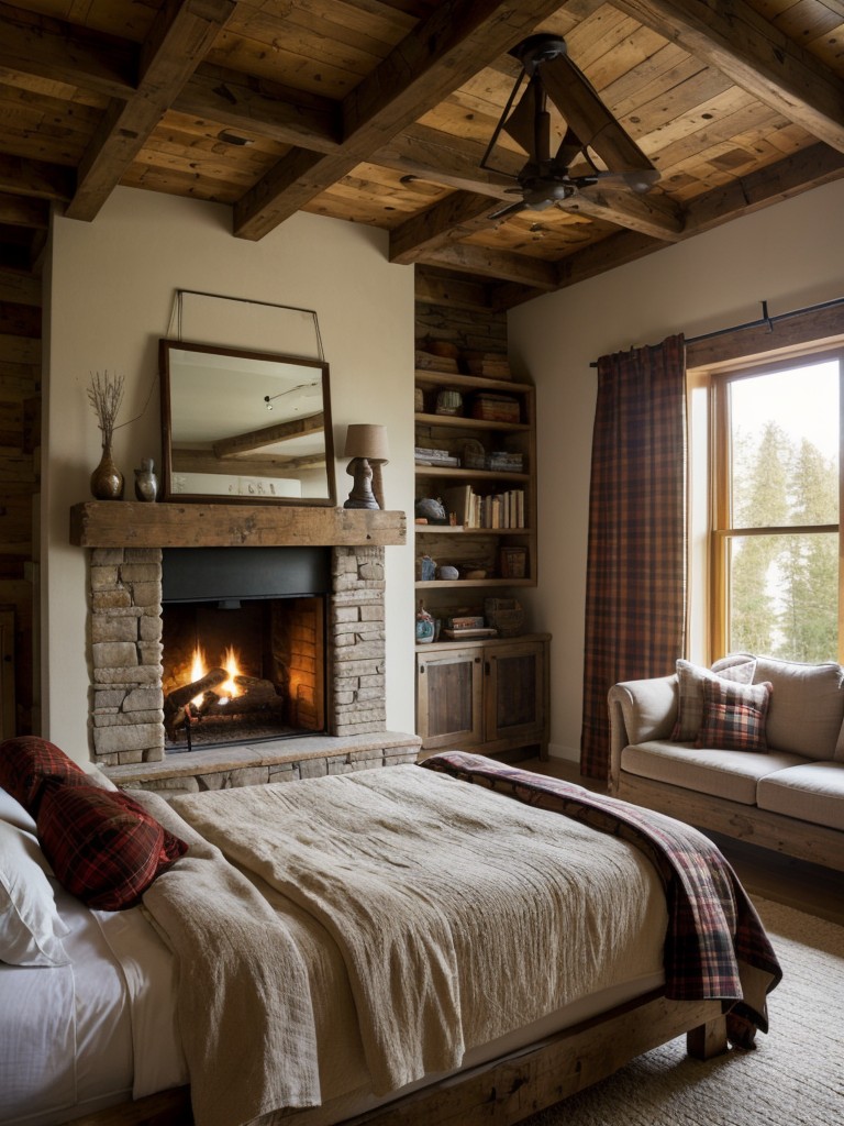 Rustic Retreat: Cozy up your bedroom with exposed beams and a stone fireplace