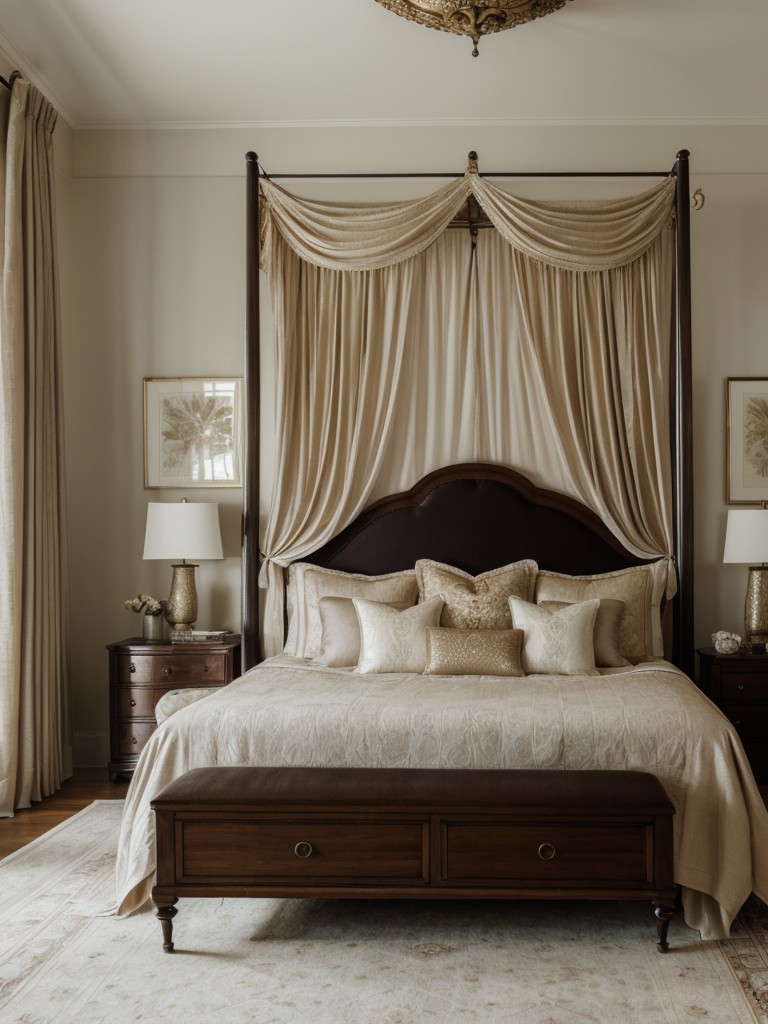 Opulent Canopy Bed: Elevate Your Bedroom with Flowing Curtains.