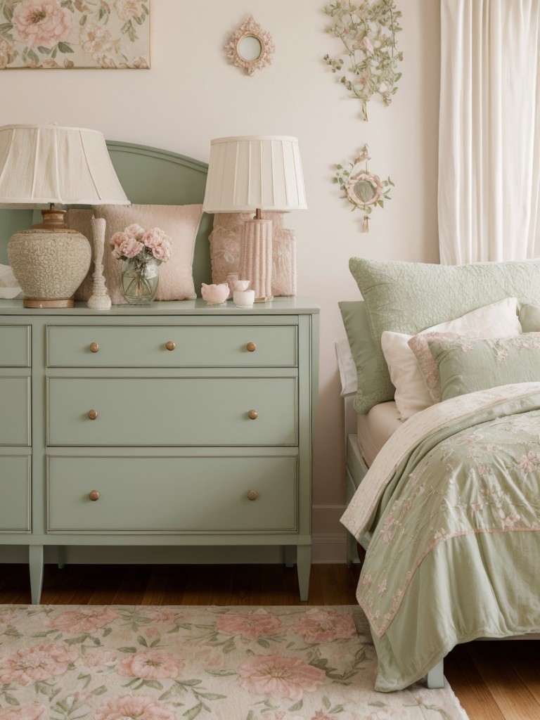 Serenity in Shades: Cozy apartment bedroom ideas with soft colors and floral patterns.