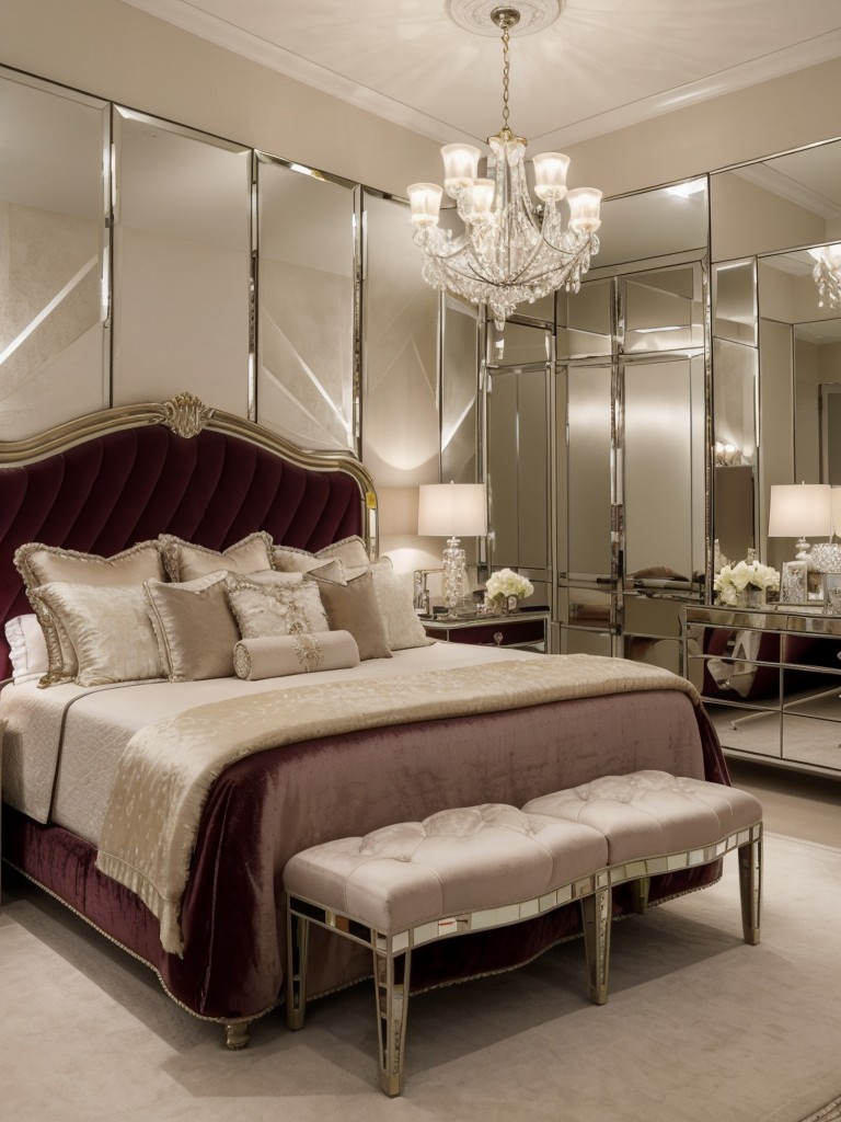 Glam up your bedroom with mirrored furniture, crystal chandeliers and plush velvet fabrics.