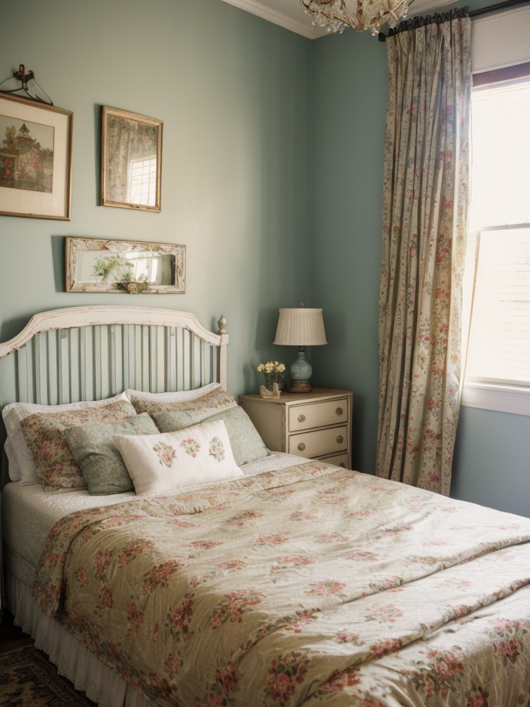 Vintage Charm: Eclectic Bedroom with Distressed Dresser & Floral Curtains