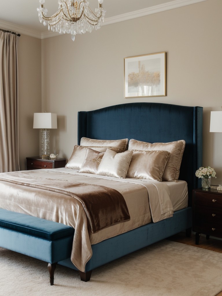 Luxury Getaway: Velvet Headboard, Crystal Chandelier, Silk Bedding