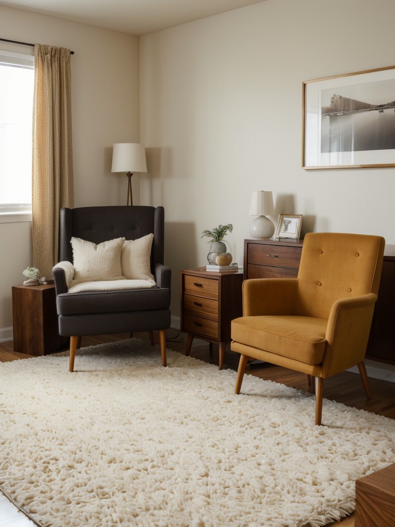 Cozy Mid-Century Bedroom Inspo: Plush Rugs & Comfy Chairs