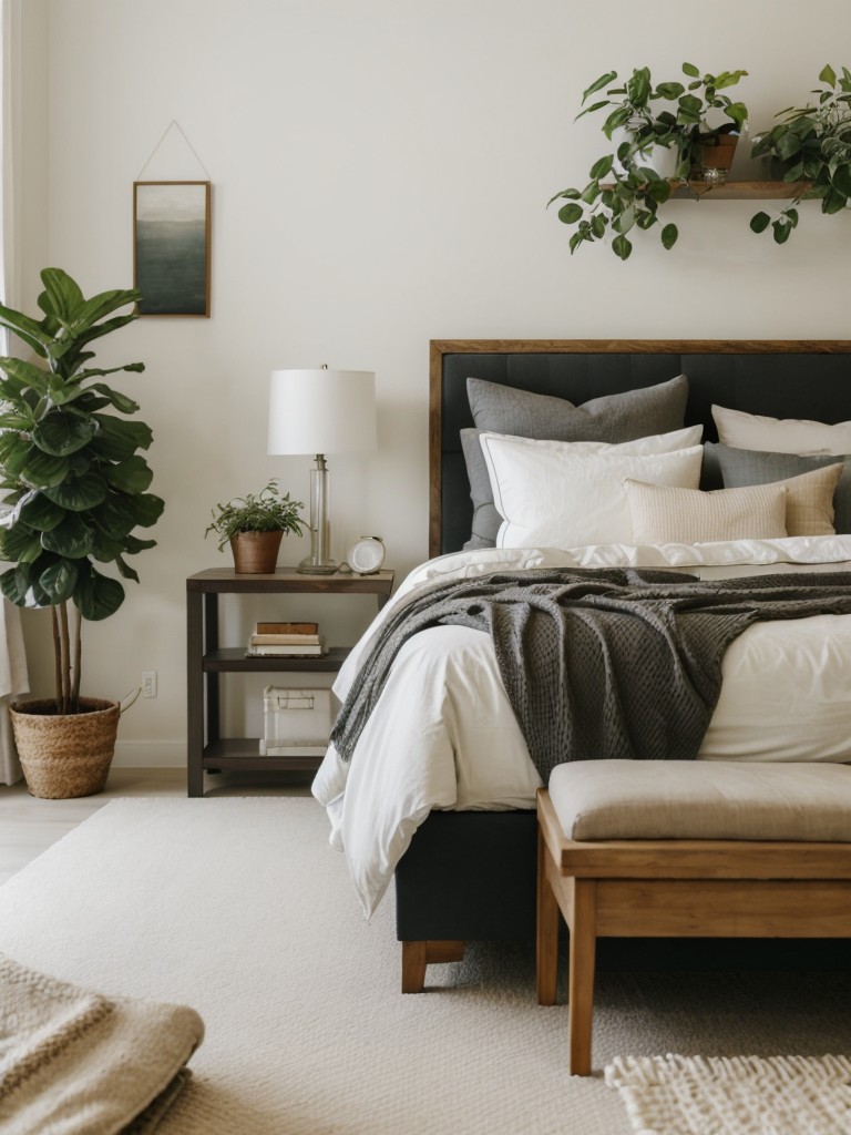 Create a calming oasis with organic bedding and plants in your bedroom.