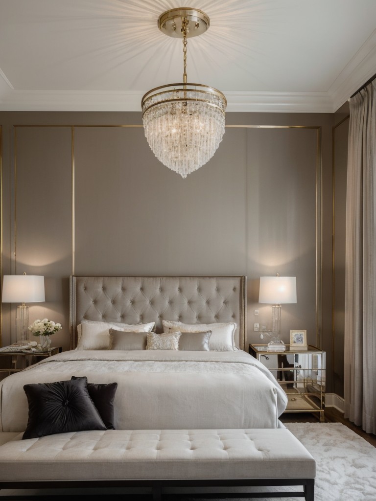 Luxurious Bedroom Inspo: Tufted Headboard & Statement Chandelier!