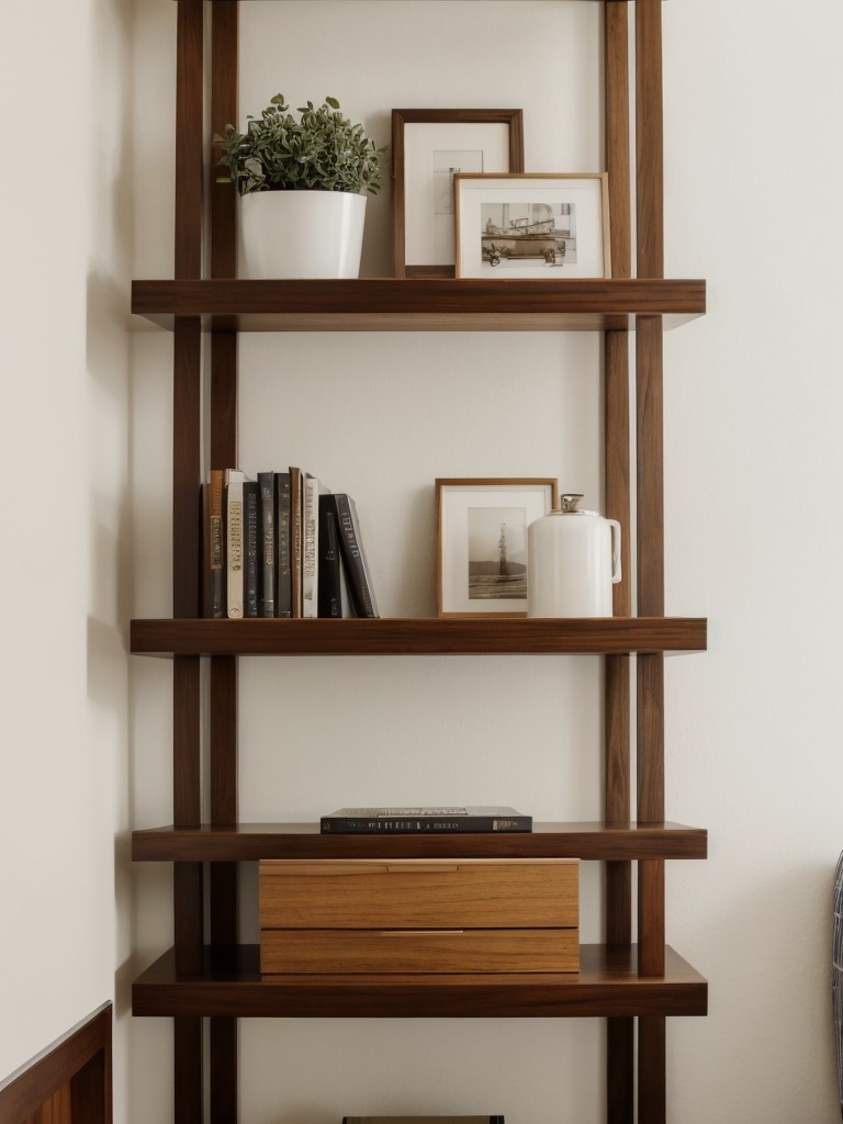 Stylish Mid-Century-Inspired Apartment Bedroom with Wall-Mounted Bookshelf!