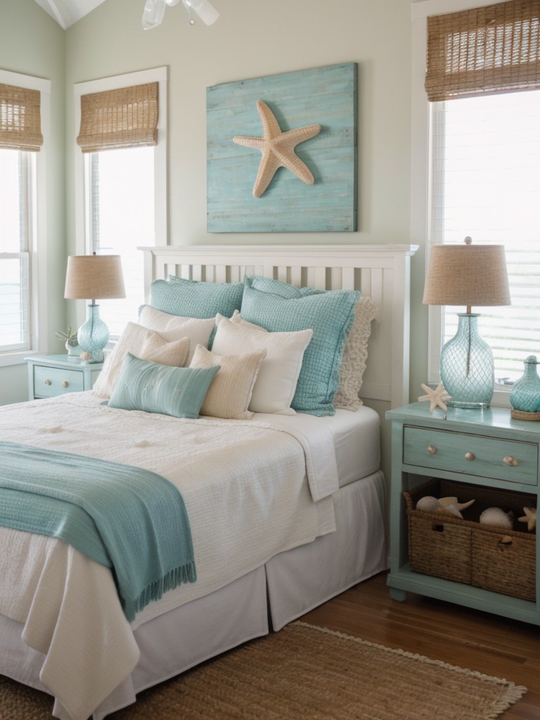 Coastal Charm: Unique Coastal Bedroom Decor with Fishnet Wall Display