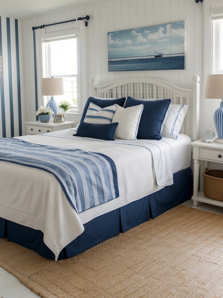 Cozy Coastal Apartment: Navy and White Nautical Bedroom Decor.