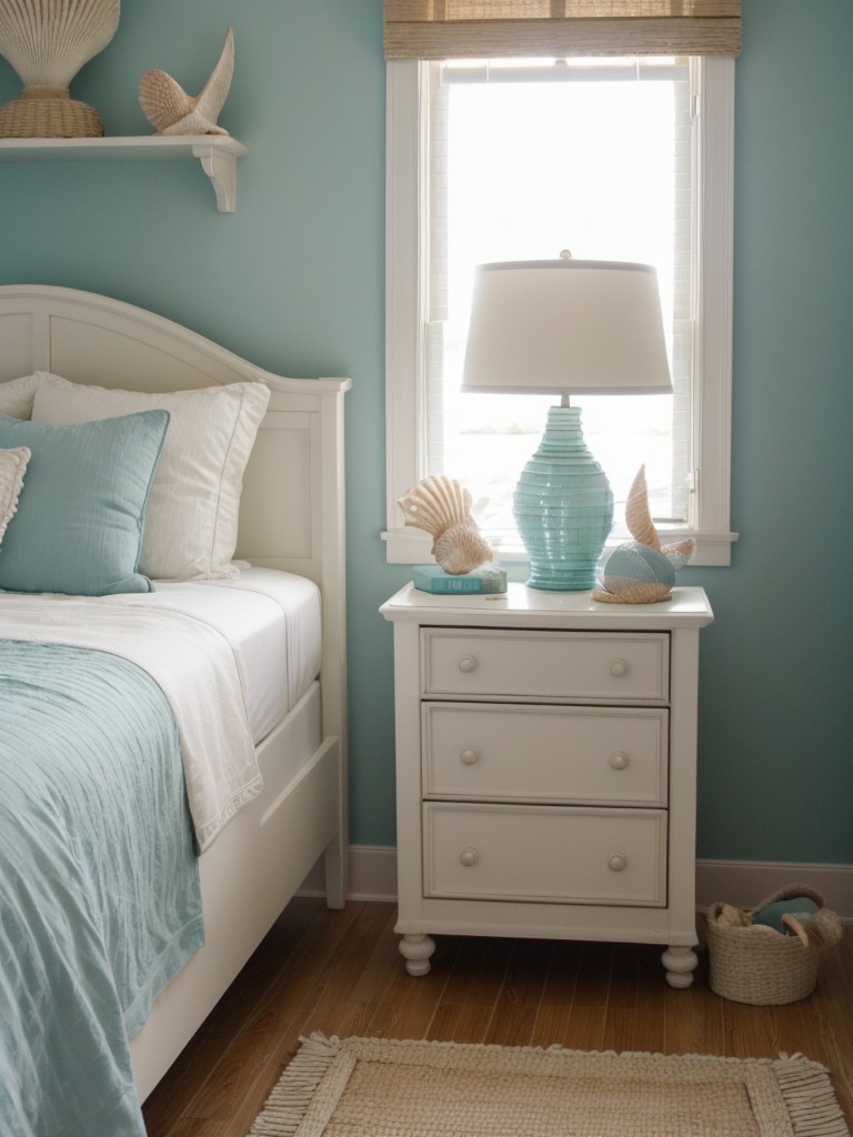 Coastal Chic: Apartment Bedroom Retreat with Seashell Chandelier & Rowboat Shelf.