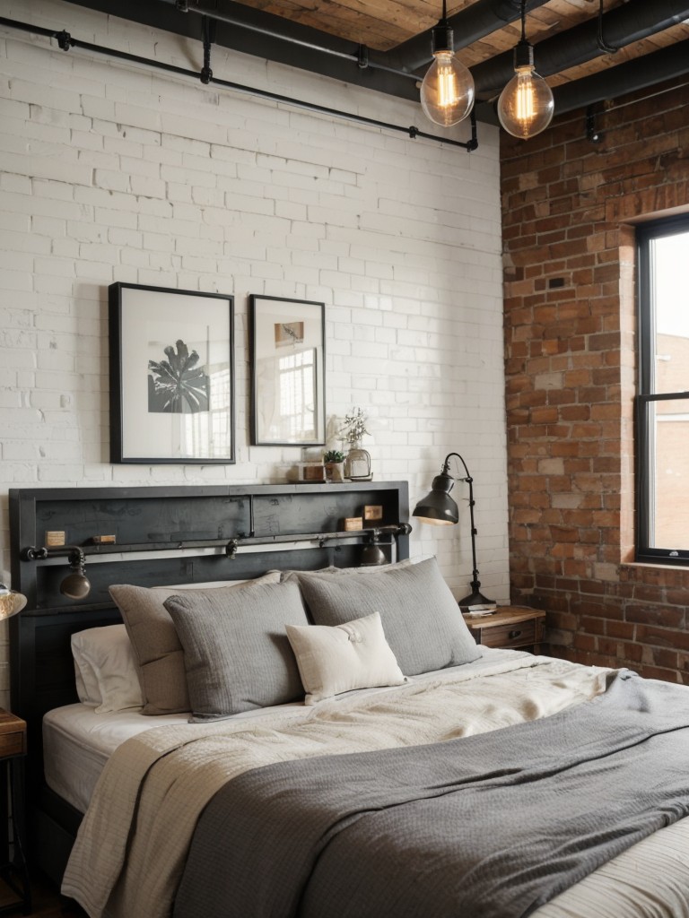 Industrial Chic Bedroom: Exposed Brick, Metal Frames, Salvaged Wood.