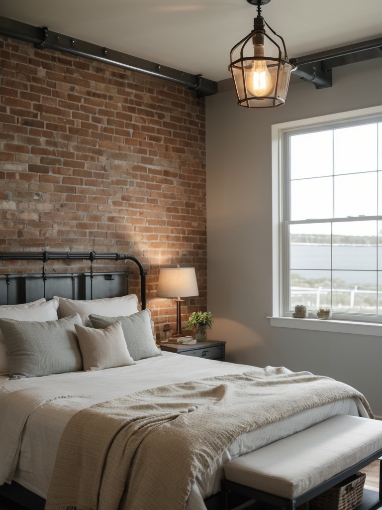 Industrial Chic: Elevate Your Apartment with Sleek Metal Bedframe & Exposed Brick Walls!