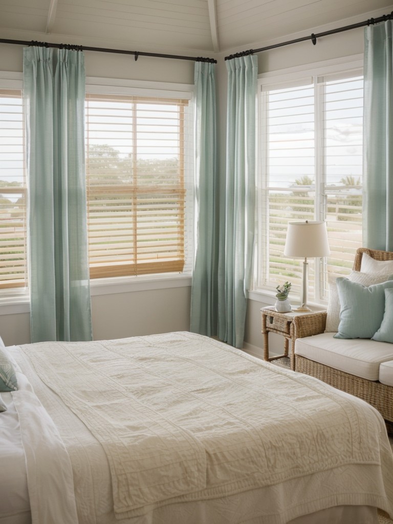 Charming Coastal Bedroom Retreat: Brighten Up Your Beach Cottage with Breezy Window Treatments!