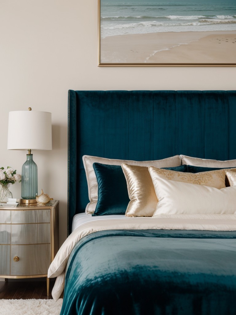 Coastal Glamour: Dreamy Bedroom Decor with Velvet & Metallic Accents