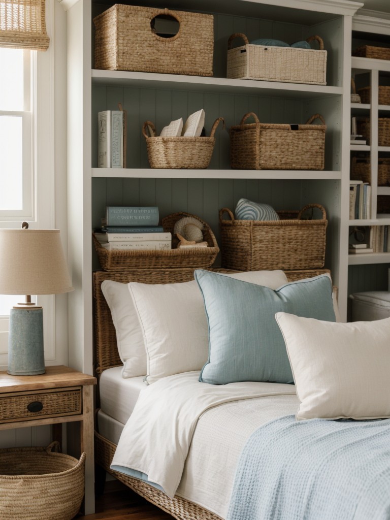 Beachy Bliss: Create a Coastal Haven in Your Bedroom with Woven Baskets & Boat-Shaped Bookshelves