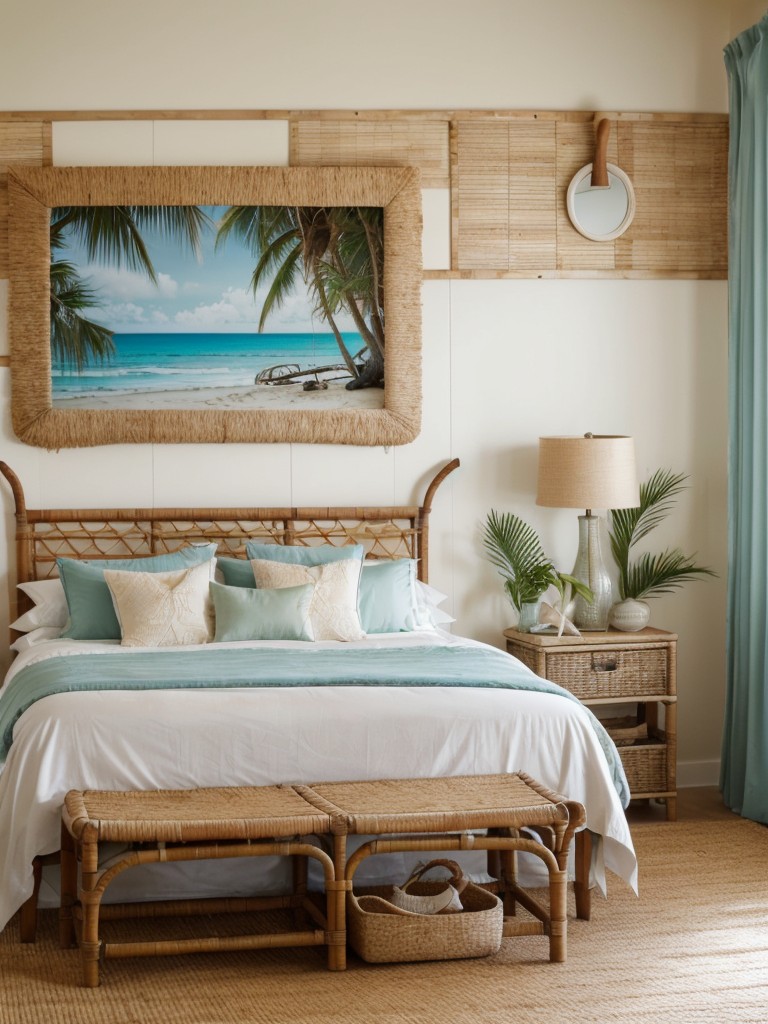 Tropical Bedroom Decor: Create Coastal Bliss with Rattan, Seashells, and Driftwood Tones!