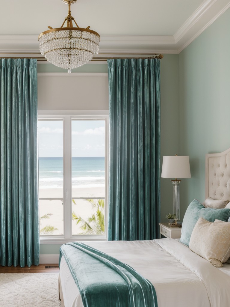 Create a Coastal Oasis: Luxurious Velvet Curtains, Tufted Headboard, Crystal Chandelier