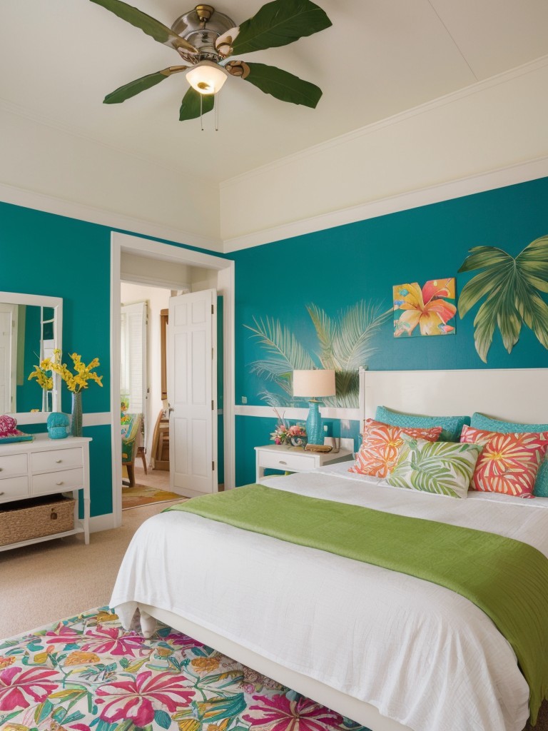 Whimsical Tropical Retreat: Transform Your Bedroom with Colorful Patterns and Vibrant Prints!