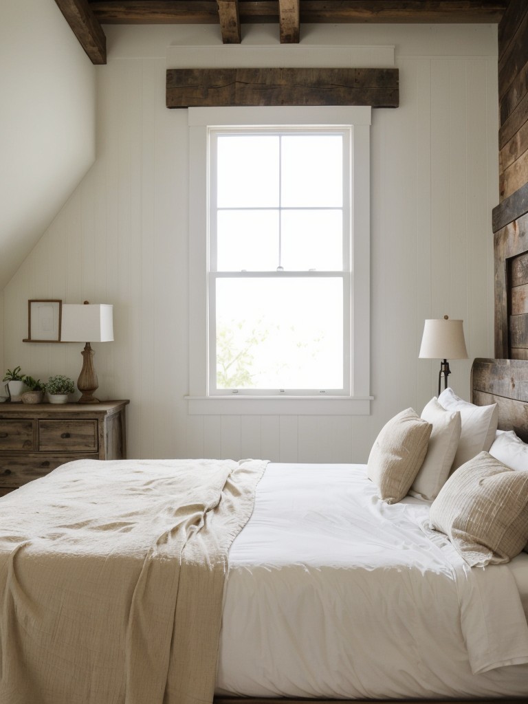 Rustic Farmhouse Bedroom: Cozy Charm with Distressed Wood & White Bedding!