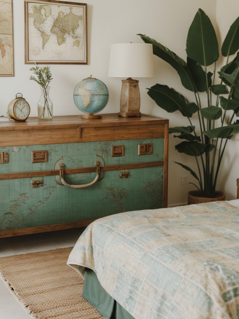 Travel-inspired apartment vibes: Maps, vintage suitcases, and globes for wanderlust