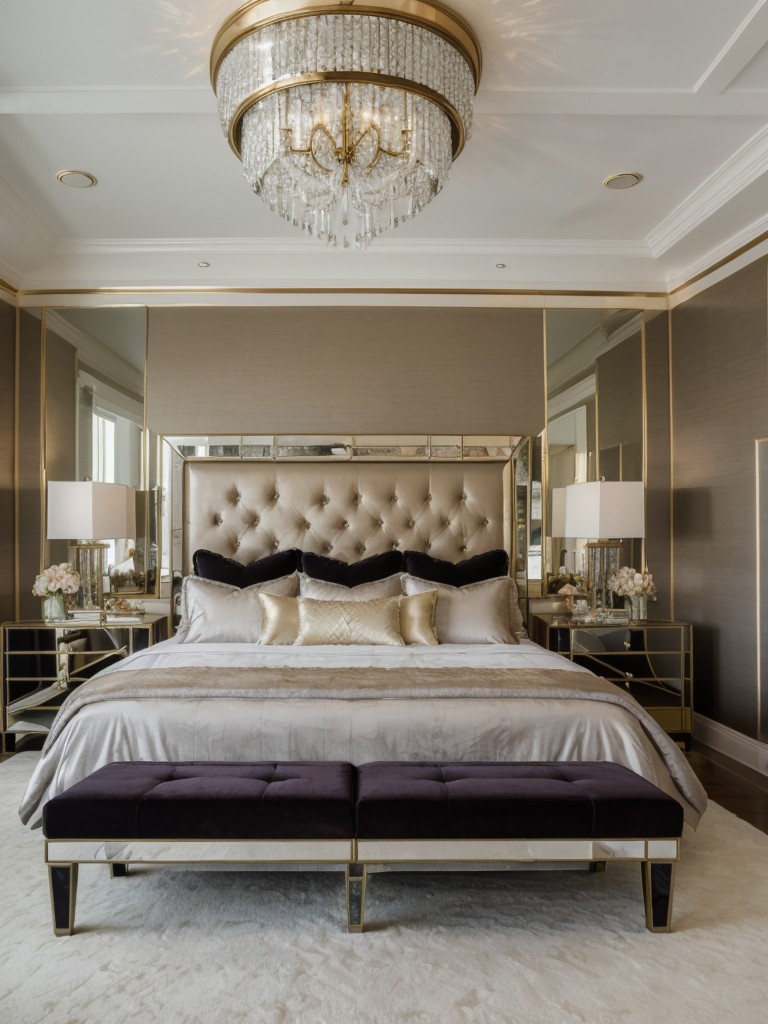 Chic Hollywood Glam: Elevate your Bedroom with Velvet, Mirrors, & Statement Lighting!