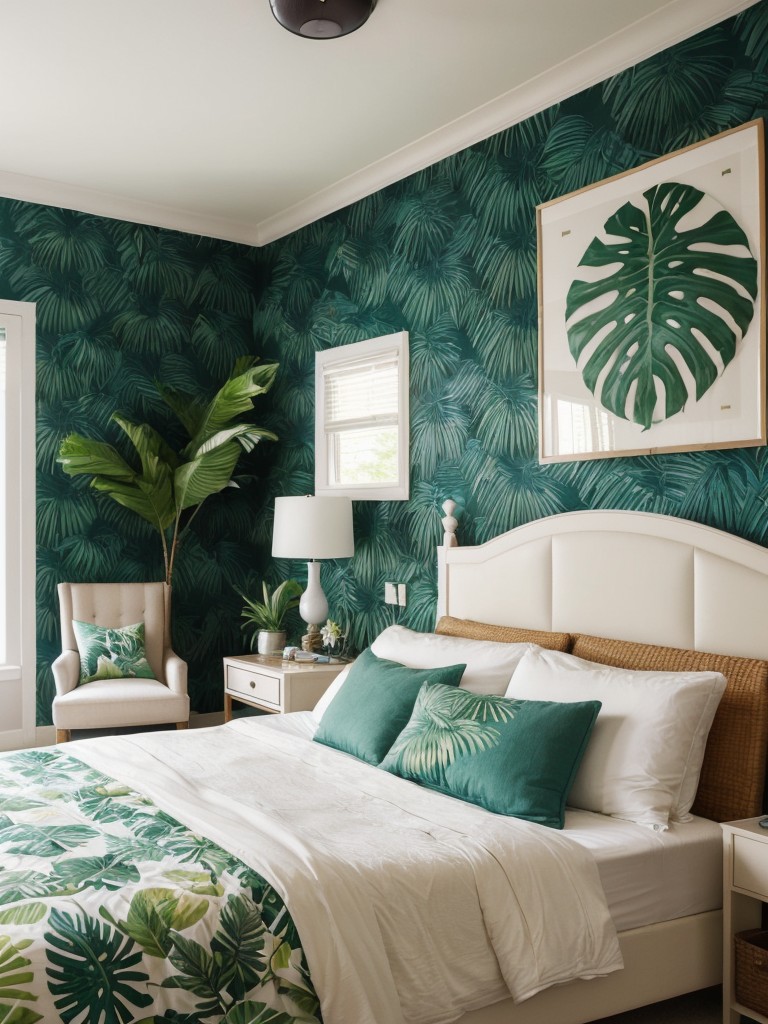 Create a Paradise-Inspired Bedroom with Bold Wallpaper & Textured Accents!