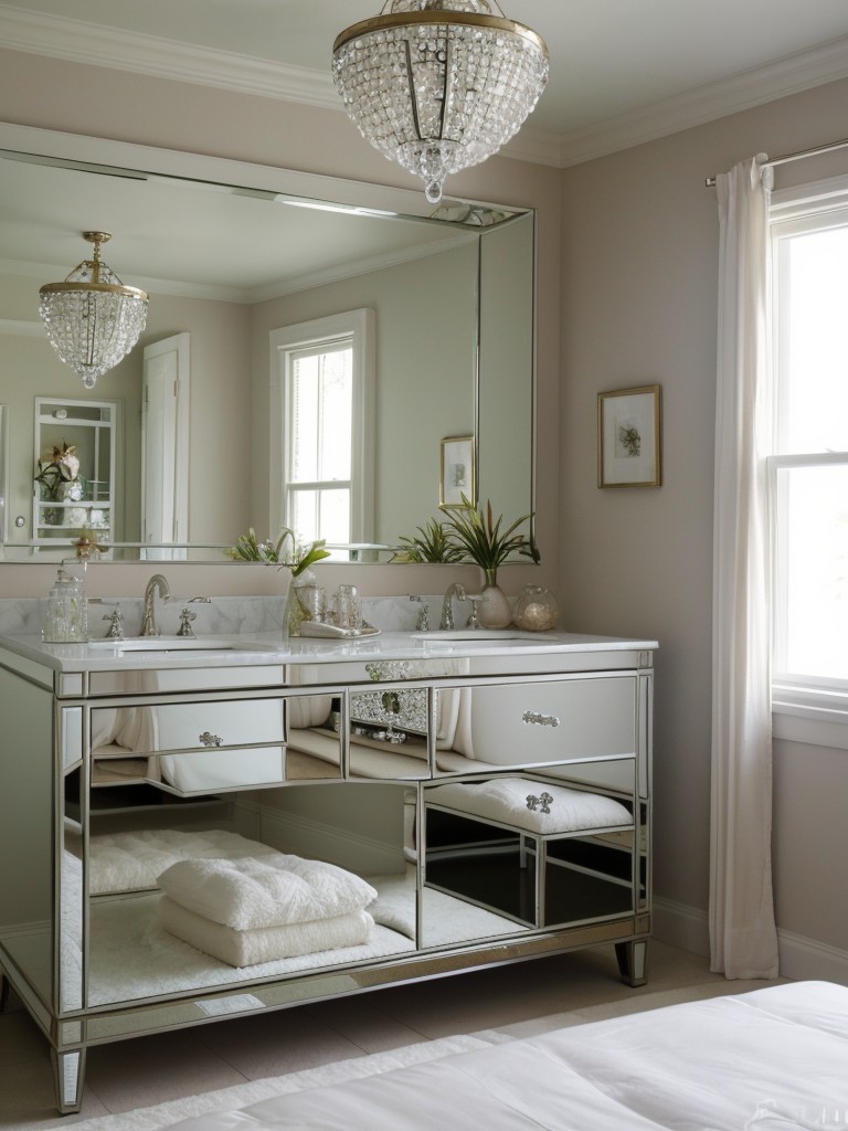 Paradise-Inspired Bedroom Decor: Tufted Headboard, Mirrored Vanity, Crystal Chandelier